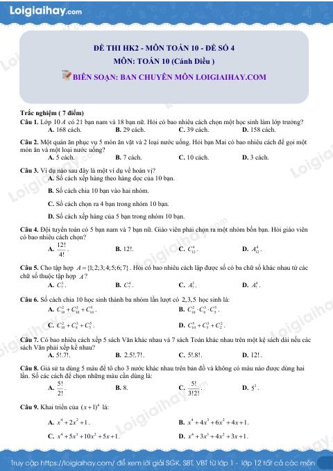 Đề kiểm tra học kì 2 Toán 10 - Đề số 4 - Cánh diều